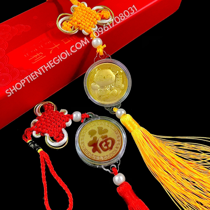 Dây treo đồng xu Mèo Thần Tài vàng may mắn - SP005086